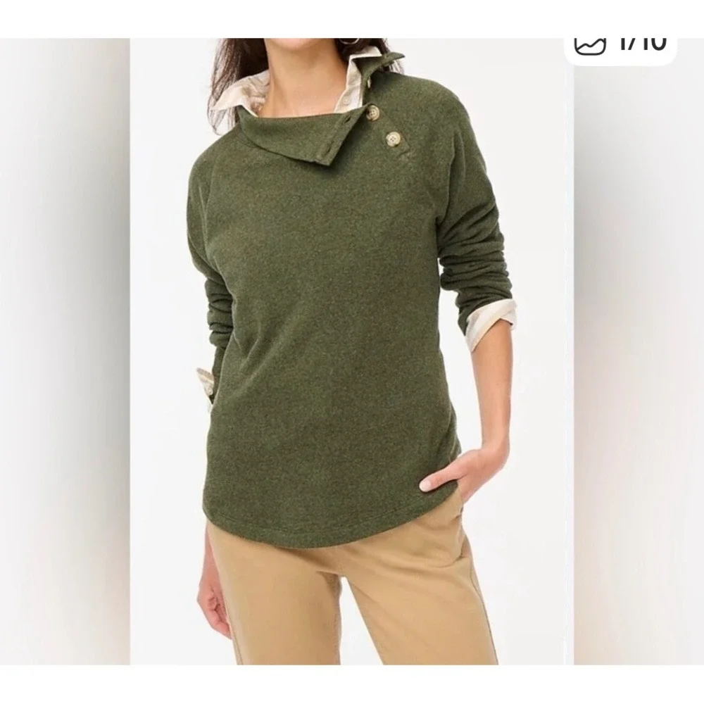 J. Crew Womens XXS Button Collar‎ Funnel Neck Sweatshirt Olive Green  Pullover